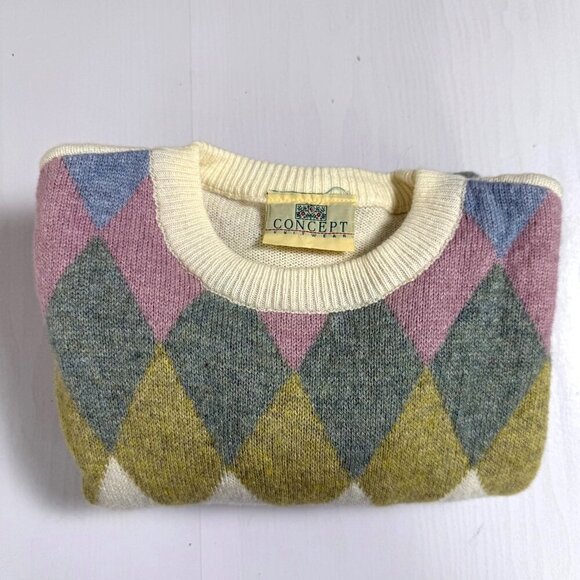 Vintage Concept Knitwear Sweater Womens Sz M Pastel Harlequin 80s 90s Grannycore - Picture 2 of 10